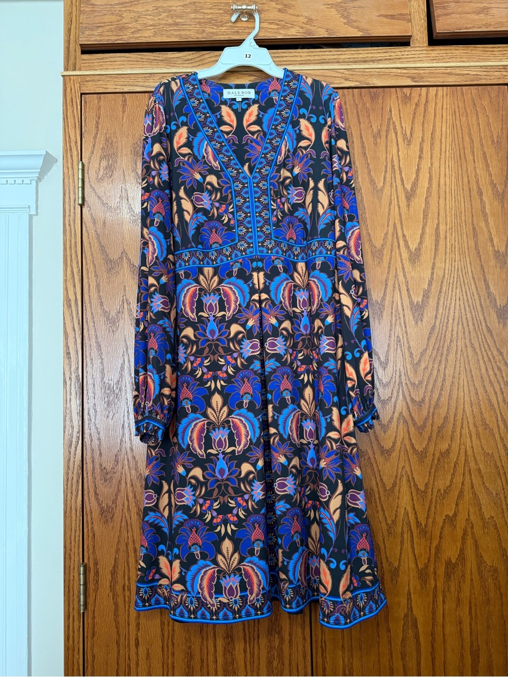 Hale Bob Black Long Sleeve Floral Midi Dress with Blue and Orange Accents